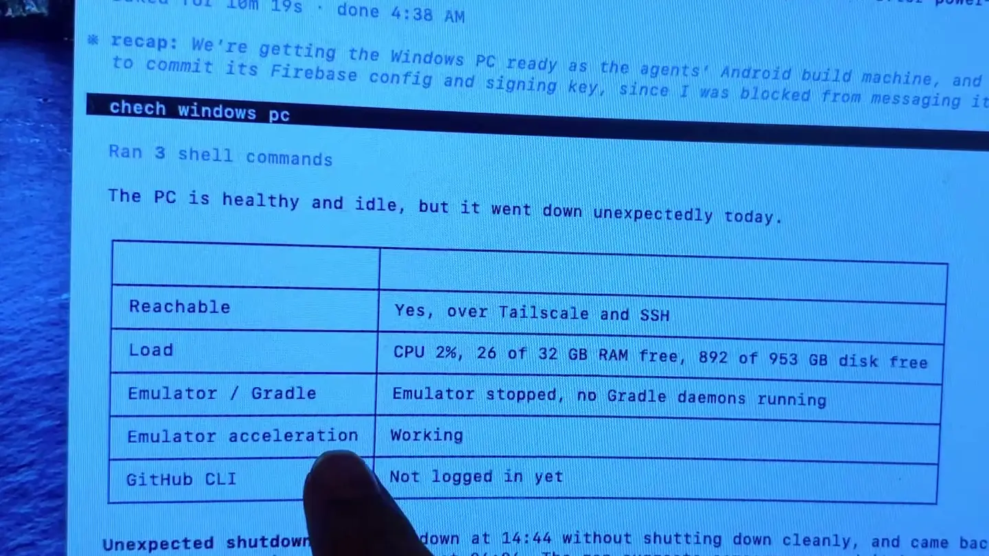 Terminal output of an AI agent's Windows PC health check: reachable over Tailscale and SSH, CPU 2%, 26 of 32 GB RAM free