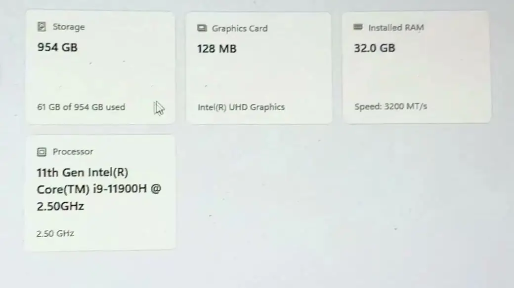 Windows 11 About screen showing an 11th Gen Intel Core i9-11900H, 32 GB RAM at 3200 MT/s, 954 GB storage and Intel UHD Graphics