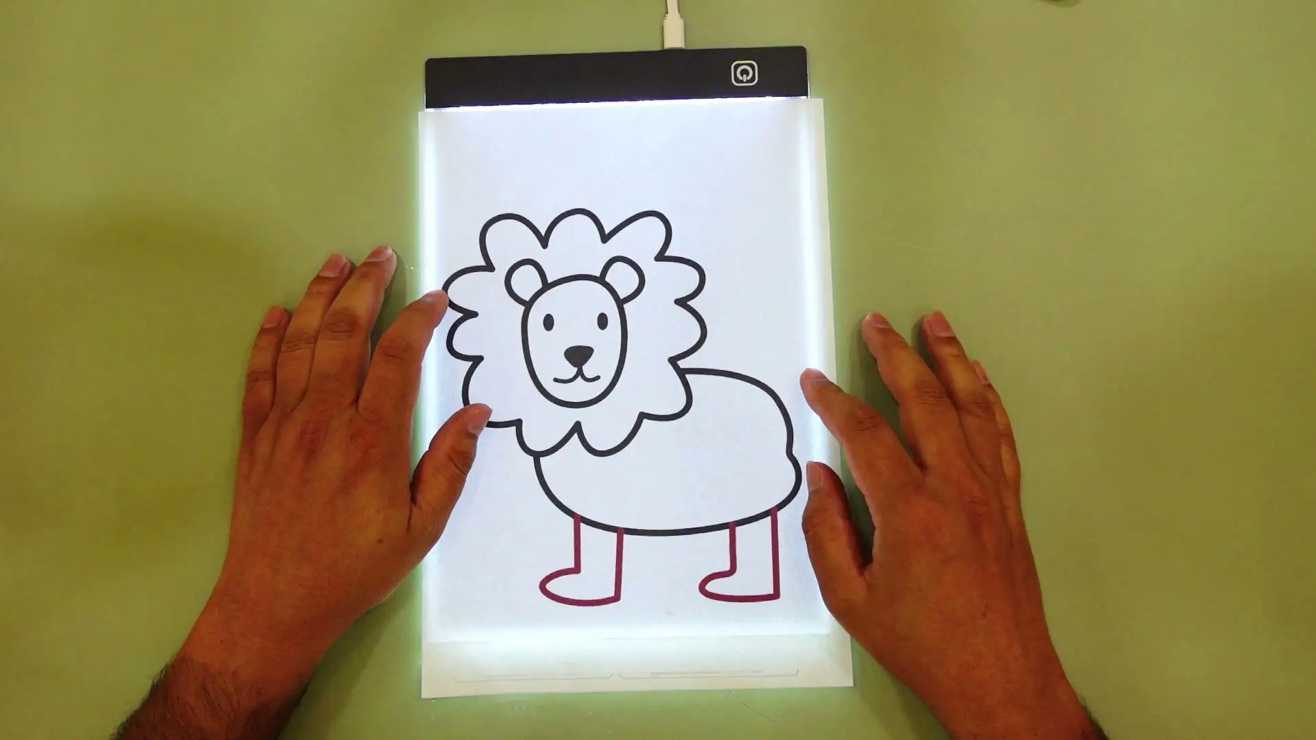 The illuminated light pad with a printed lion outline glowing through a blank sheet of paper on top, hands positioning the paper
